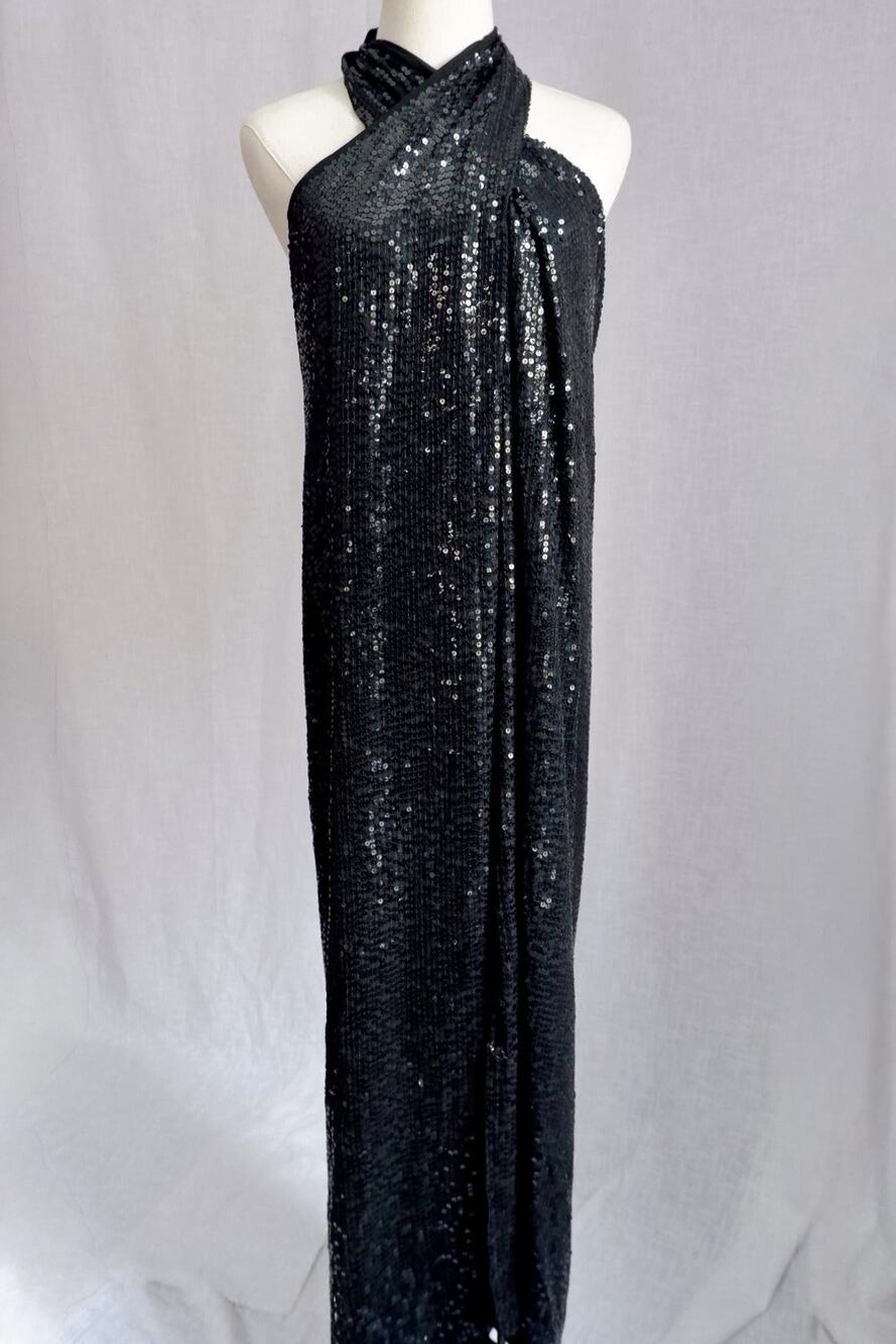 1990s Donna Karan New York Black Sequin Wrap Halter Gown – Open Back – Fits M/L